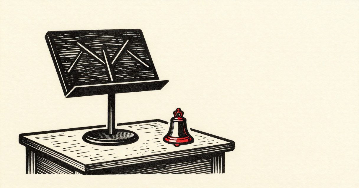 A simple wooden music stand and a single liturgical bell resting upon a plain wooden table in a quiet hall.