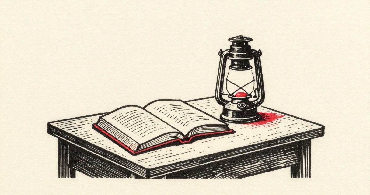 An open book and a small oil lamp resting on a plain wooden table in a quiet hall.