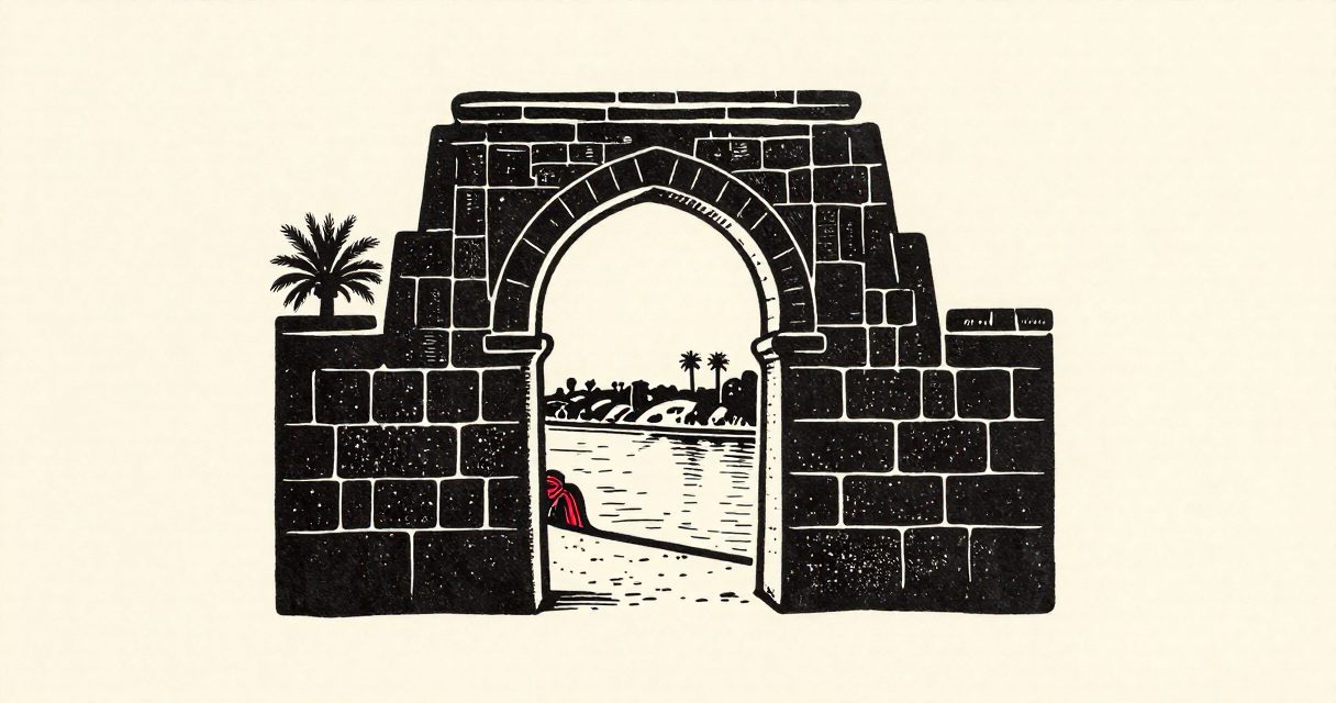 A simple stone archway framing a view of the Nile river and a few palm trees in Luxor.