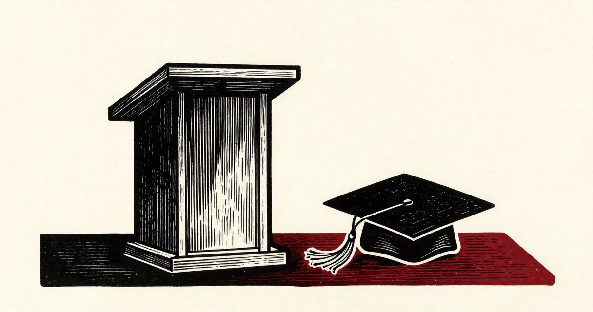 A simple wooden lectern and a graduation mortarboard resting on a table in a quiet hall in Wadi El Natrun.