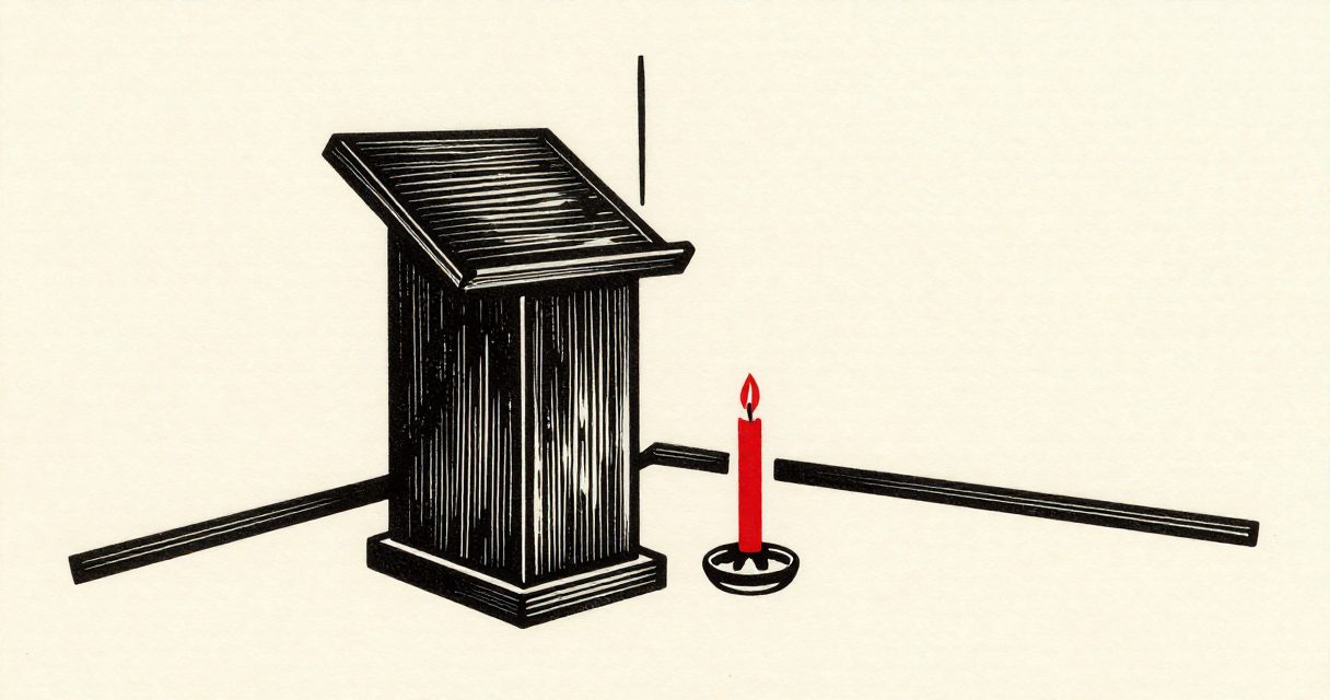A simple wooden lectern and a single lit candle standing in a quiet room in Al-Tawrat.