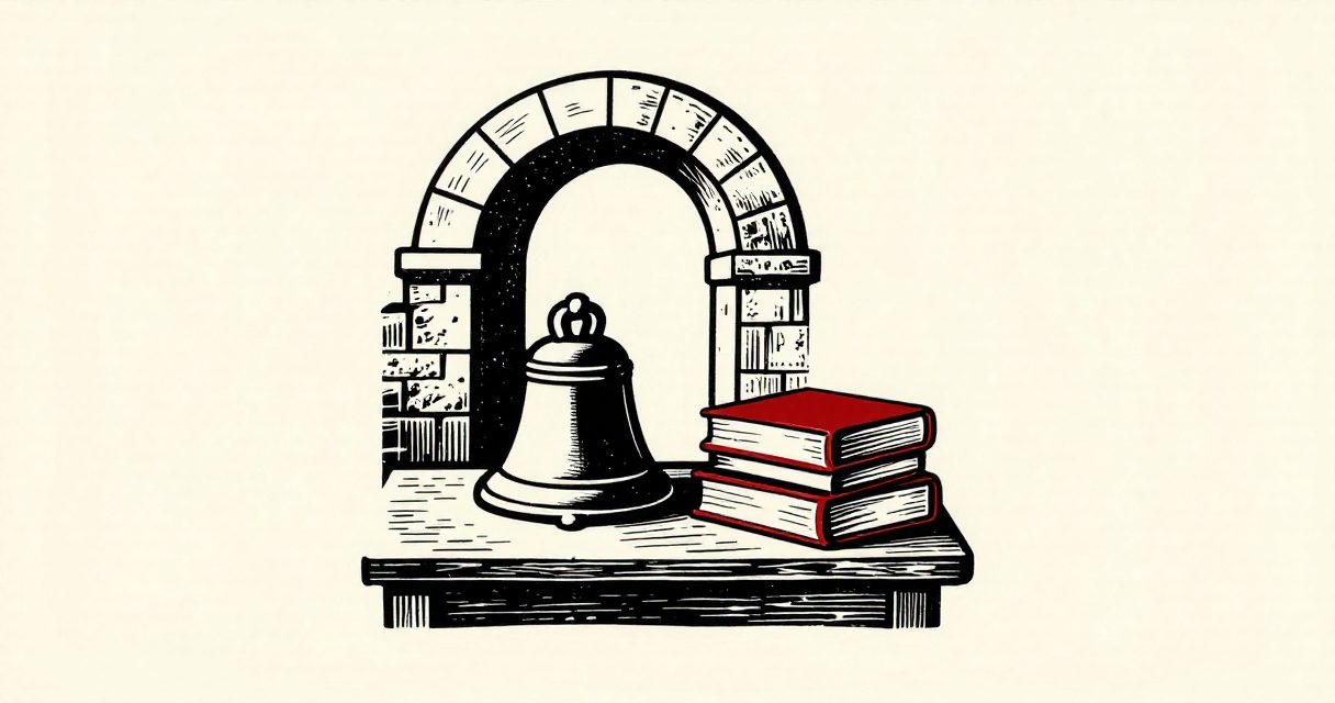 A simple school bell and a stack of books resting on a wooden table beneath a stone archway in Luxor.