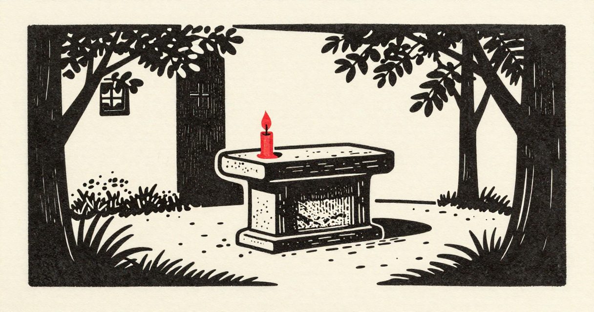 A simple stone altar with a lit candle and a small cross standing in a quiet courtyard in Garden City.