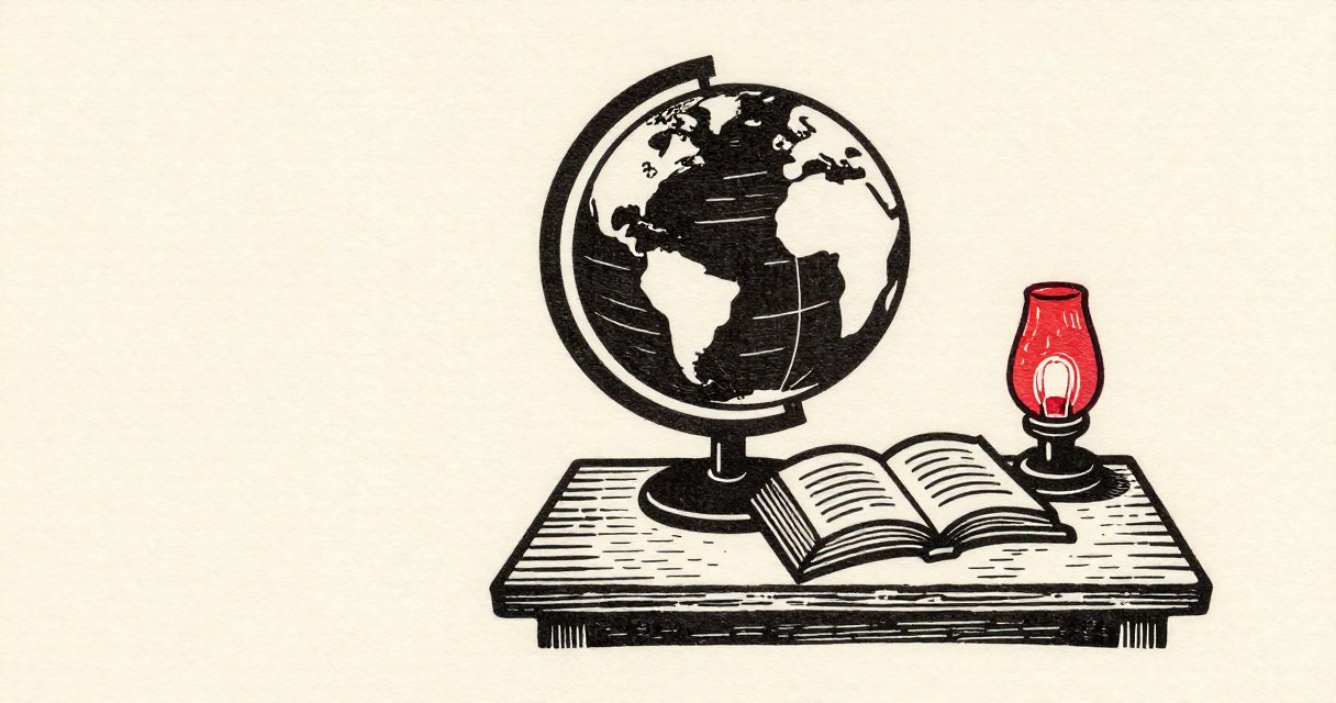 A large globe standing beside an open book and a small lamp on a simple wooden table.