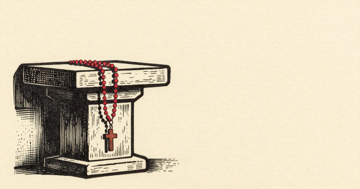 A small wooden rosary draped over a simple stone altar in a quiet hall.