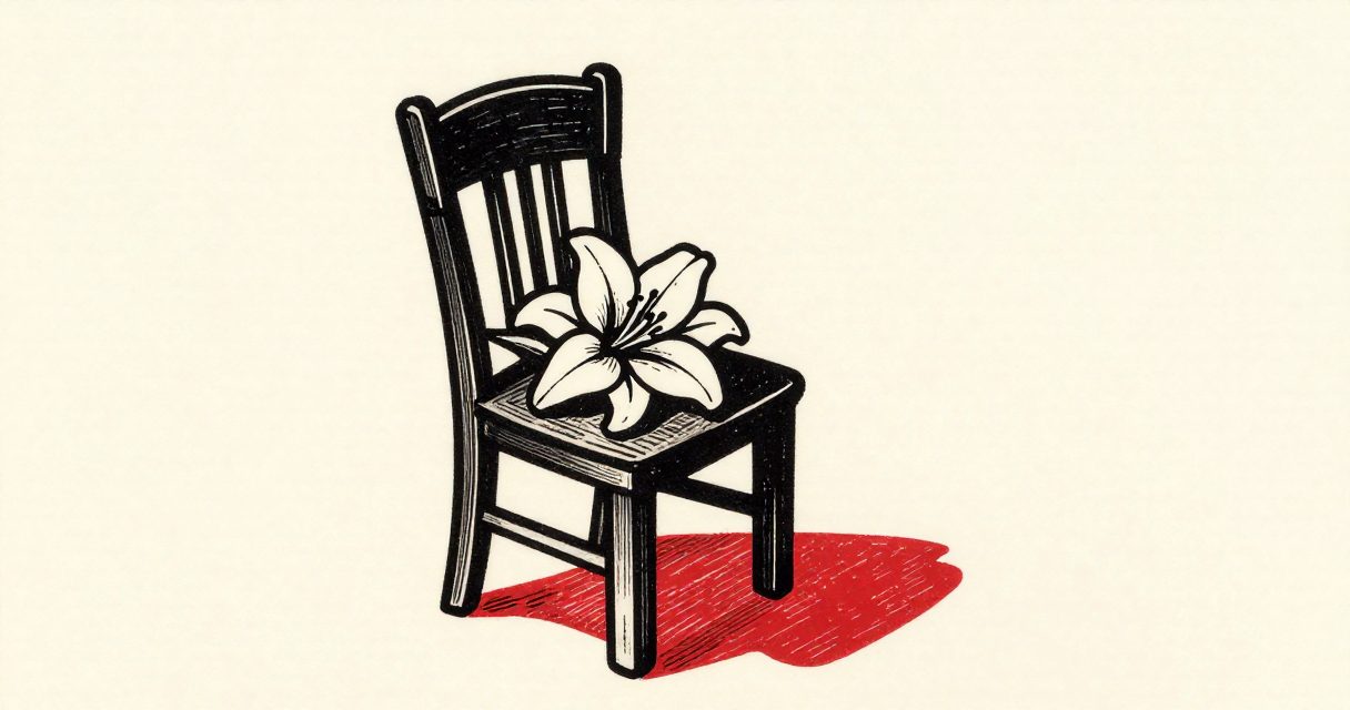 A single white lily resting on a simple wooden chair in a quiet, empty hall.