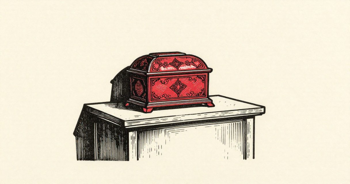 A small ornate reliquary casket resting on a plain wooden altar in a quiet hall.