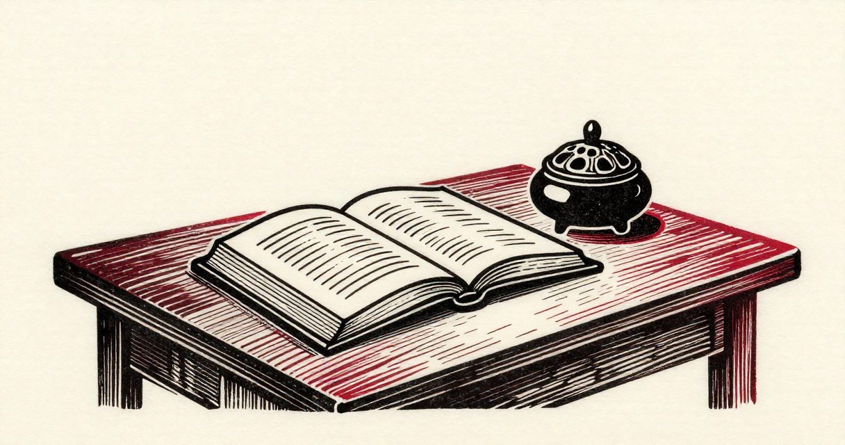 An open book and a small incense burner resting on a plain wooden table in a quiet hall.