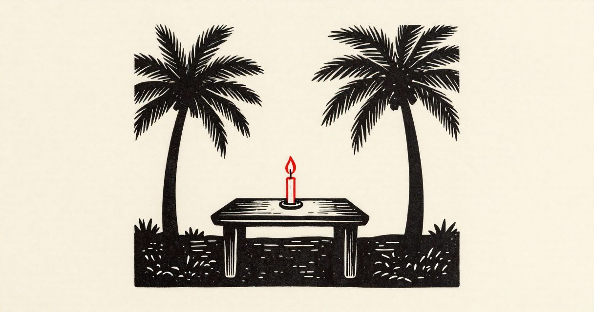 A simple wooden table and a single lit candle standing near palm trees in Ismailia.