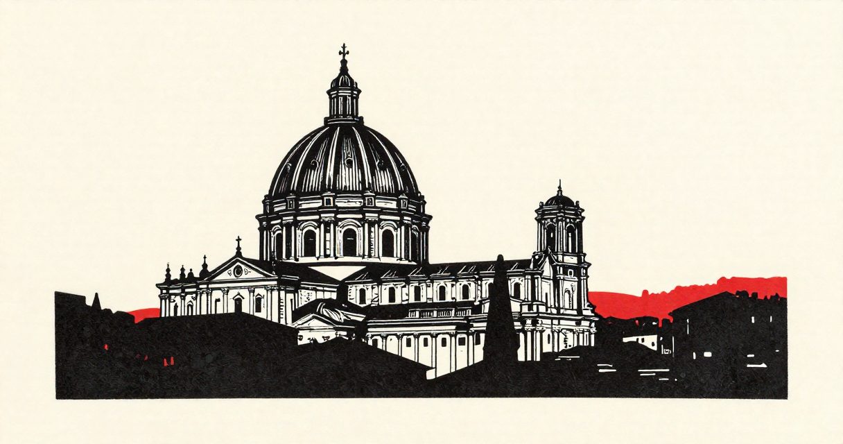A stone cathedral dome and a small bell tower silhouetted against the Roman skyline.