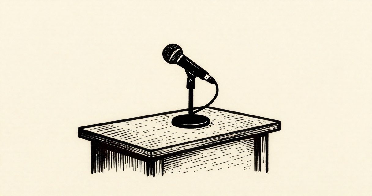 A single microphone standing on a simple wooden table in a quiet hall.