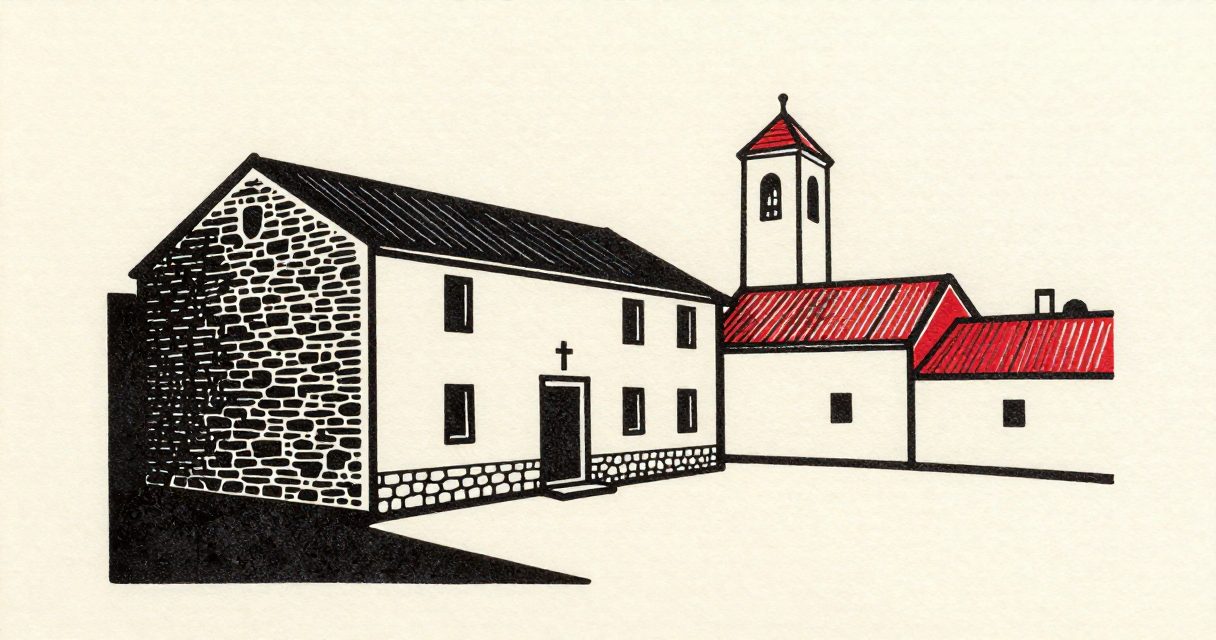 A new stone building with a simple cross and a small bell tower standing in a quiet courtyard.