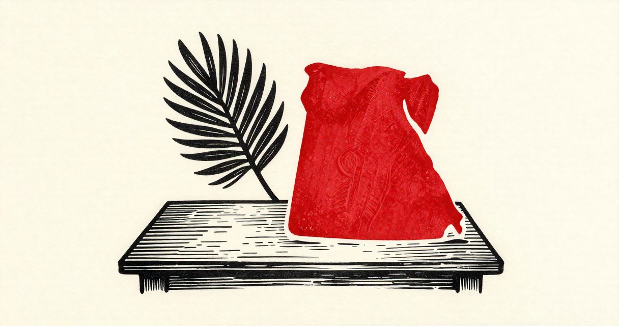 A single palm leaf and a stylized map silhouette of Egypt resting on a wooden table.