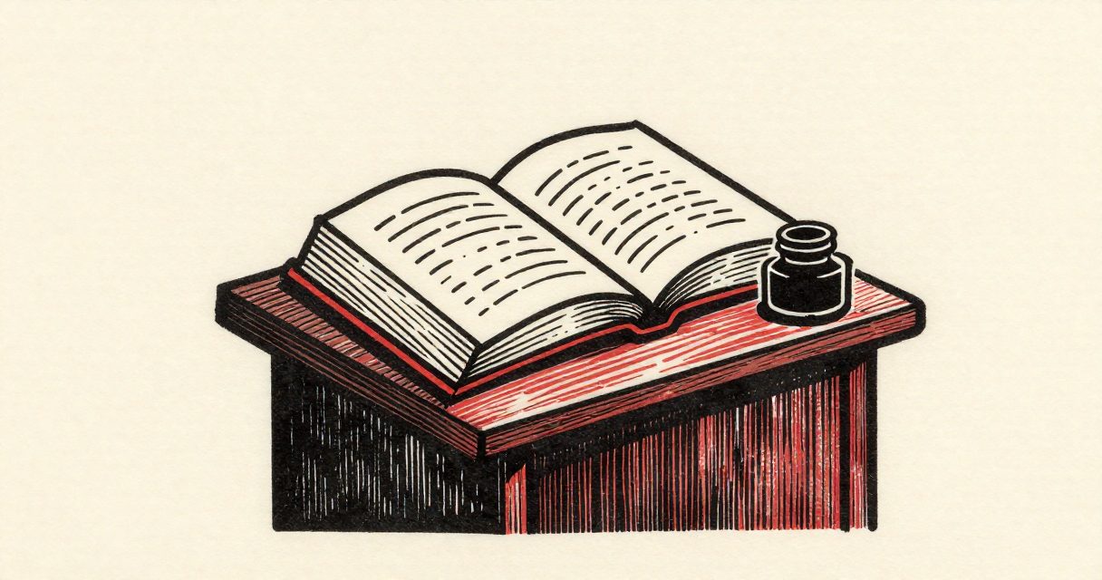 An open book and a small inkwell resting on a wooden lectern in a quiet room.