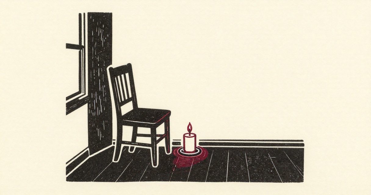 A single lit candle and a simple wooden chair standing in a quiet, sunlit hall.