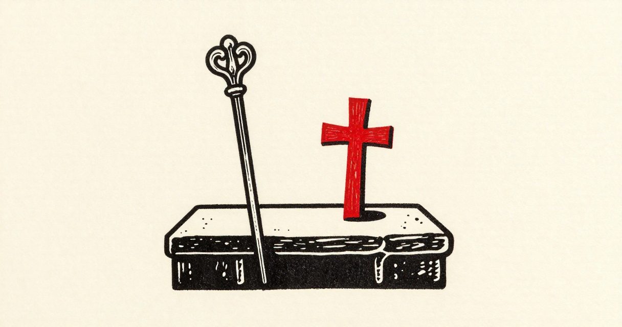 A small, ornate ceremonial staff and a simple wooden cross resting on a plain stone altar.