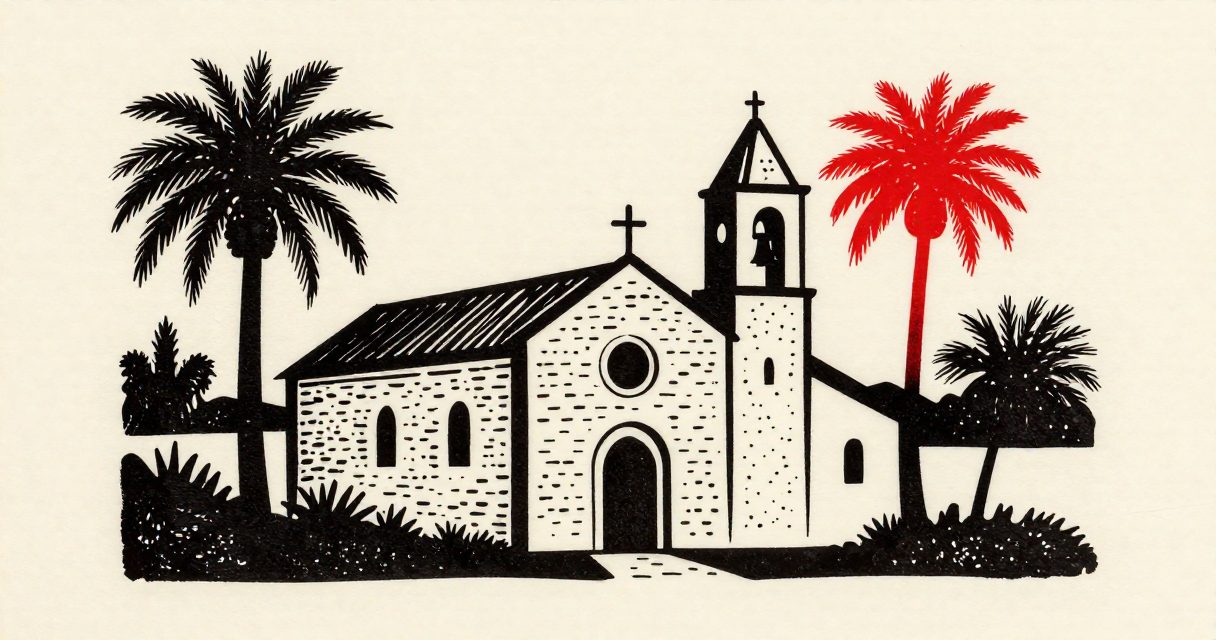 A stone church with a small cross and a bell tower standing among palm trees in Qusiya.
