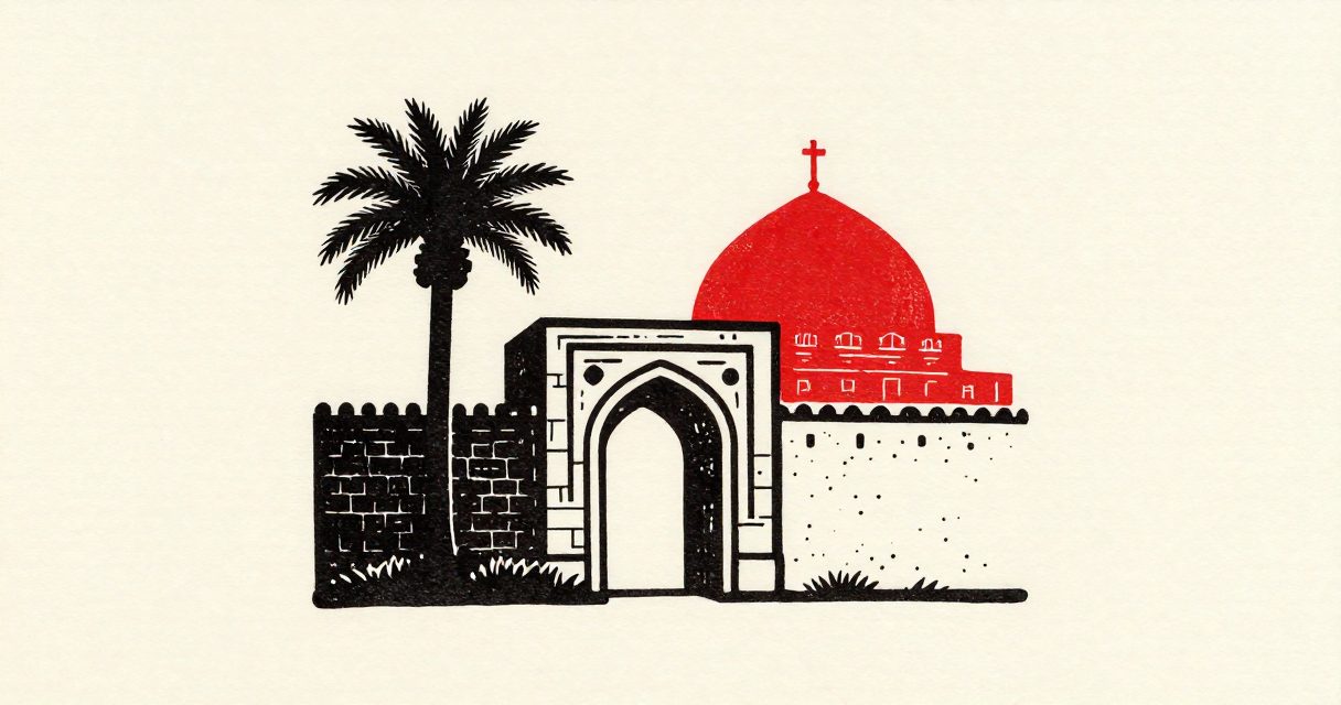 A simple stone archway in Cairo with a single palm tree and a small cross atop a distant dome.