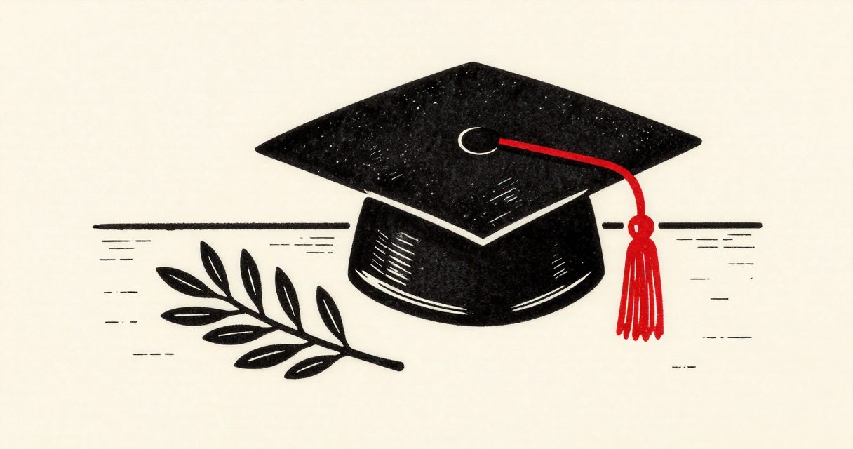 A graduation mortarboard resting beside a small olive branch on a plain wooden table.