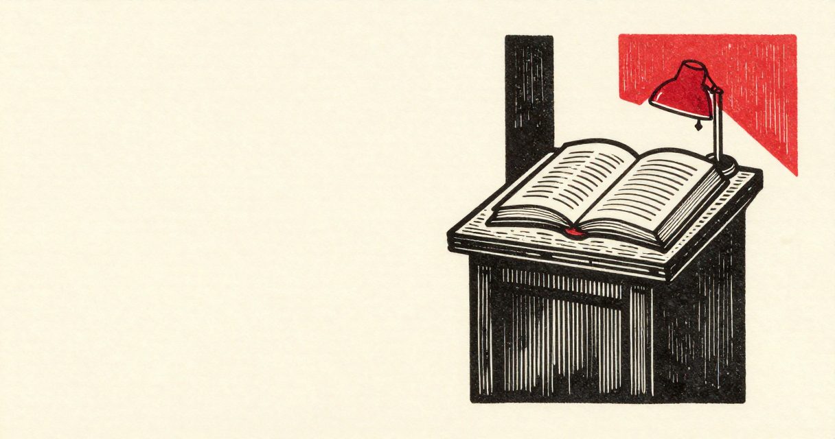 An open book and a small lamp resting on a wooden lectern in a quiet hall.
