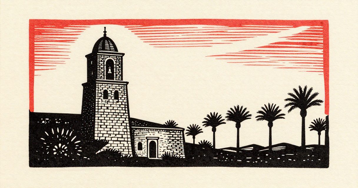 A stone bell tower and a row of palm trees under a desert sky in Qusiya.