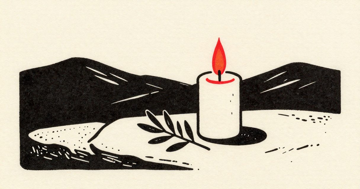 A single lit candle and a small olive branch resting on a plain stone surface in the Karak hills.