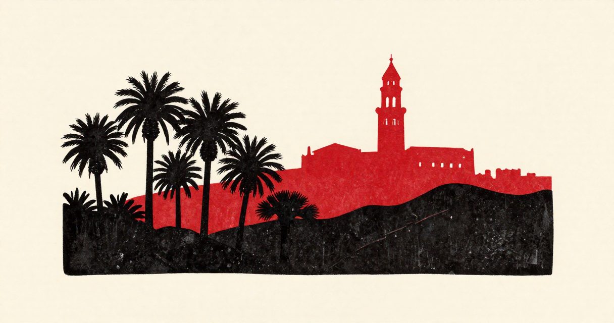 A cluster of palm trees and the silhouette of a monastery bell tower rising above the Mokattam hills.