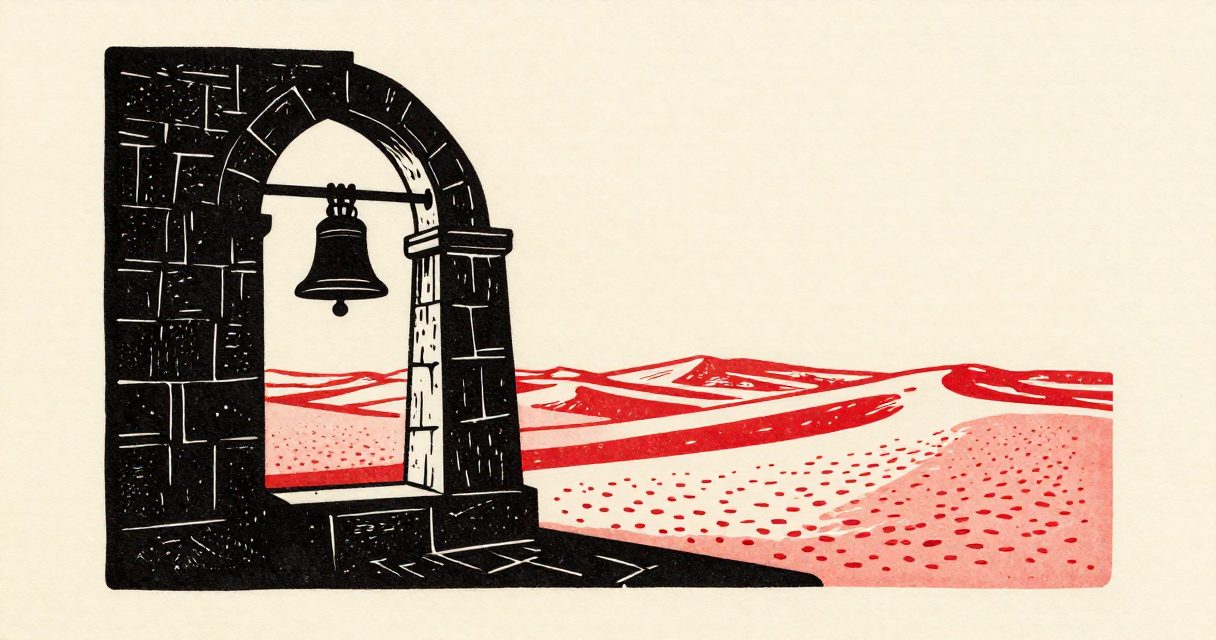 A small bell hanging from a stone archway overlooking the desert landscape of Bani Shuqayr.