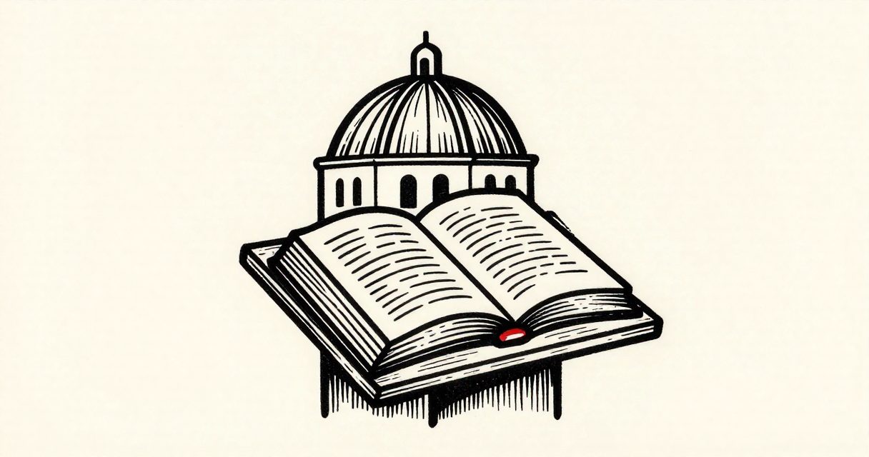 An open book resting on a simple wooden lectern beneath a domed church roof in Sakakini.