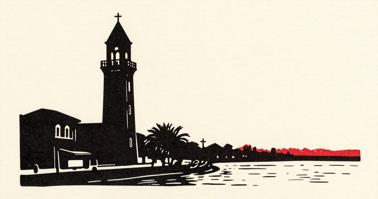 A tall, narrow bell tower and a small cross silhouetted against the Maadi riverside.