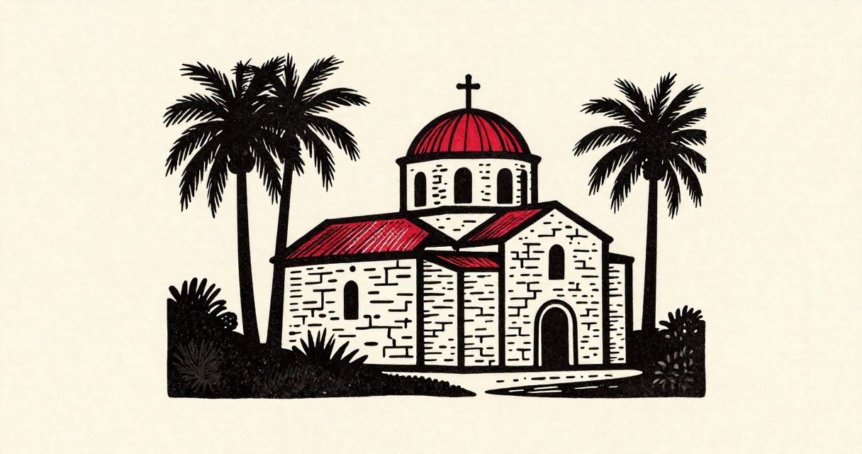 A stone church with a domed roof and a small cross standing among palm trees in Faggala.