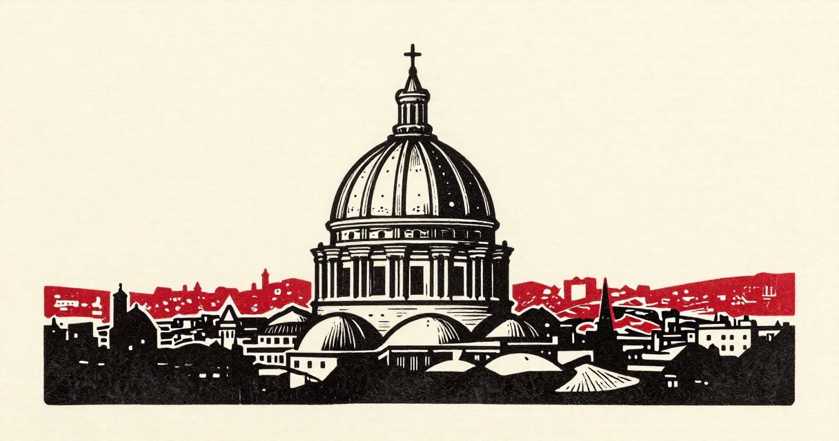 A large Basilica dome with a cross atop a building, overlooking the cityscape of Shubra.