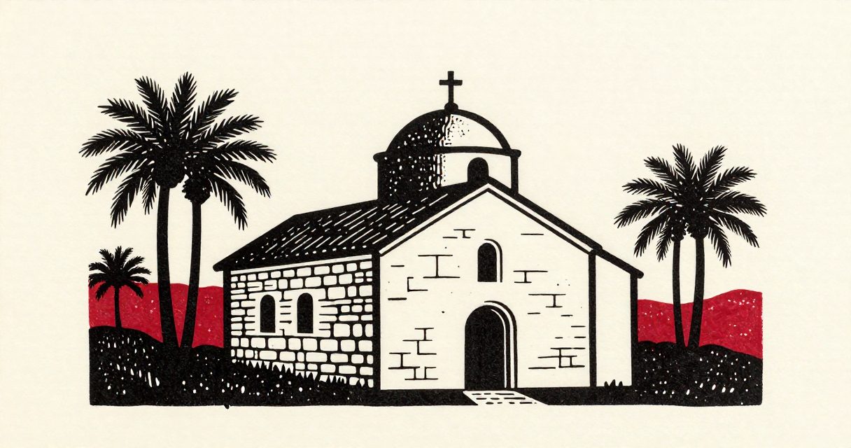 A simple stone church facade with a small cross atop its dome, surrounded by palm trees in the rural Abu Jabal landscape.