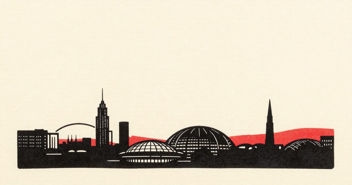 A row of modern architectural domes and towers silhouetted against a vast, clear sky.