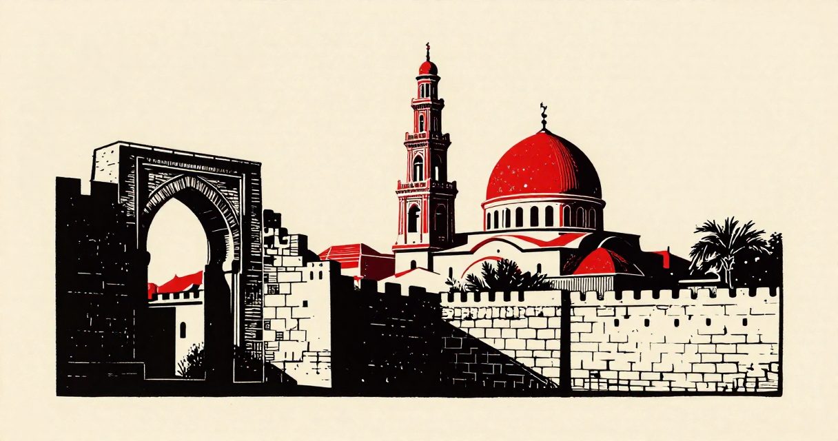A stone archway and a domed church tower in Old Cairo overlooking a skyline of ancient stone walls.