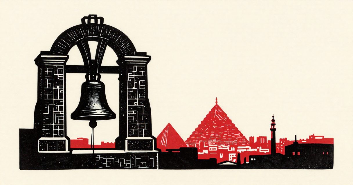 A large stone bell hanging within a bell tower overlooking the skyline of Cairo.