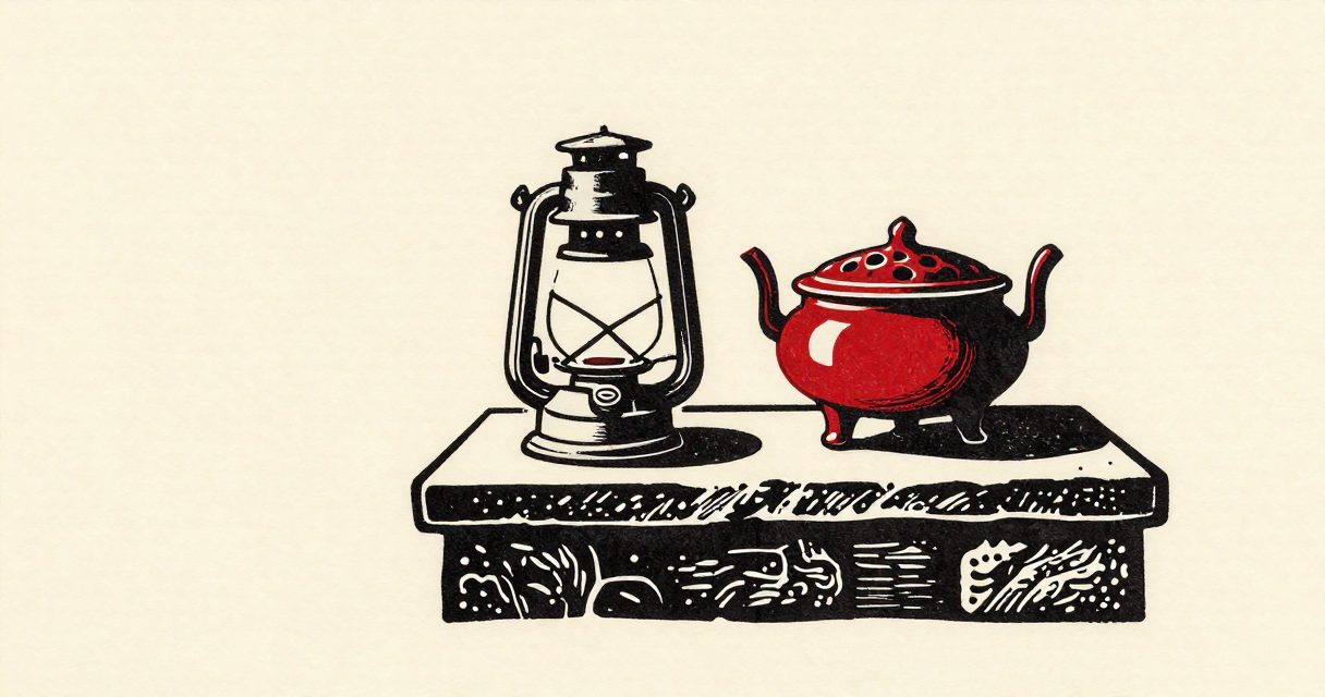 A single ornate oil lamp and a heavy incense burner resting on a stone altar.