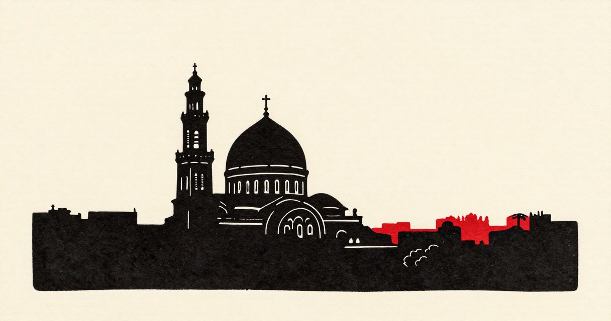 A tall, domed cathedral with a small cross and a bell tower rising above the skyline of Cairo.