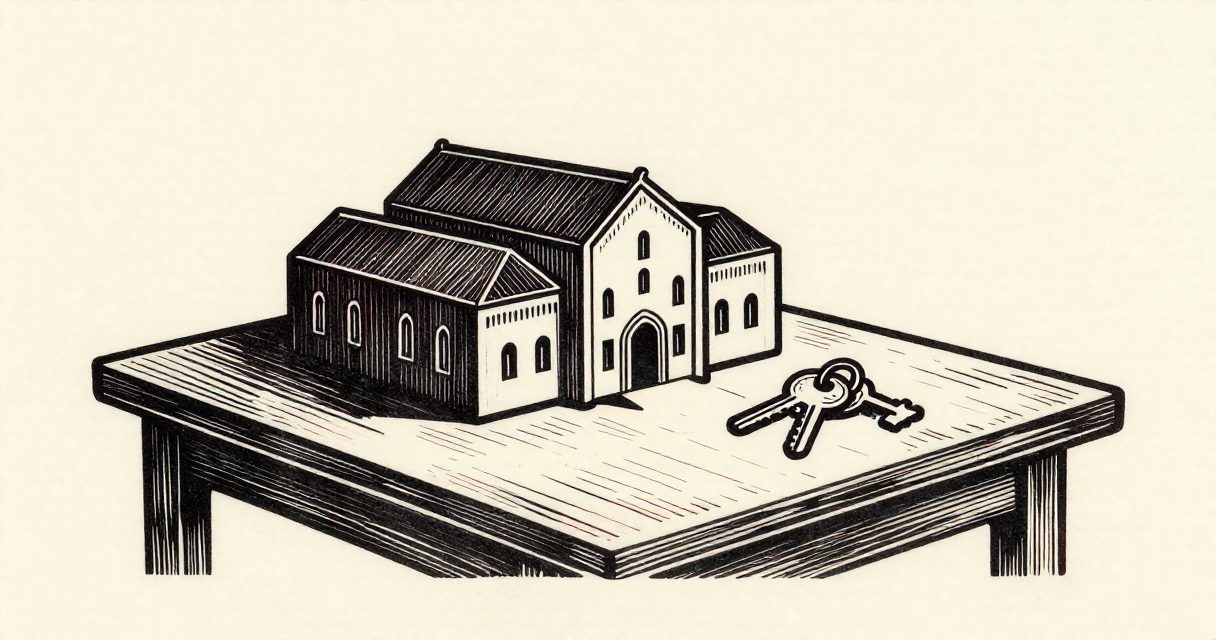A small architectural model of a monastery building and a set of keys resting on a plain wooden table.