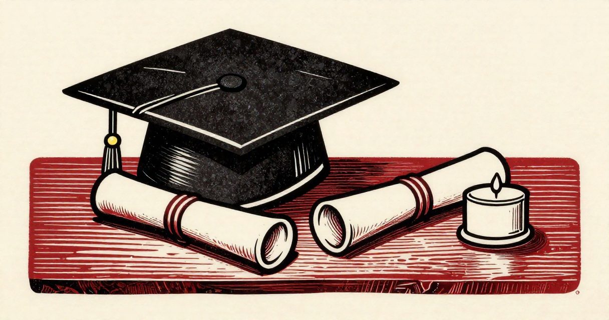 A graduation cap resting on a wooden table next to a single rolled diploma and a small candle.