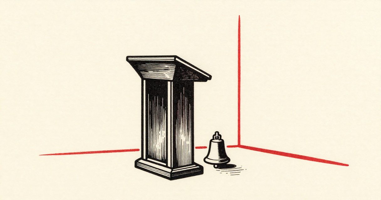 A wooden lectern and a small bell standing in a quiet hall.