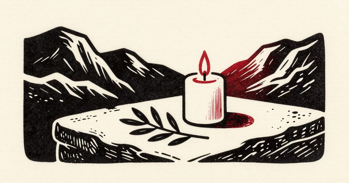 A single lit candle and a small olive branch resting on a plain stone surface amidst the rocky hills of Karak.