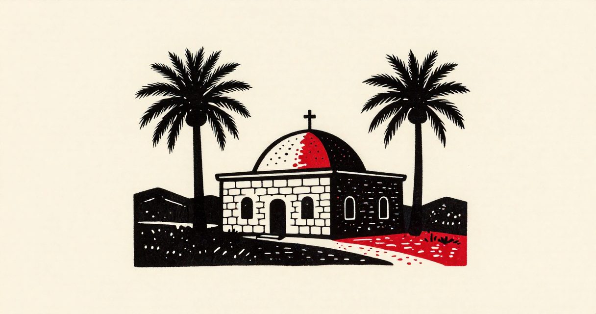 A small stone building with a domed roof and a cross, standing amidst a few palm trees in the Assiut landscape.