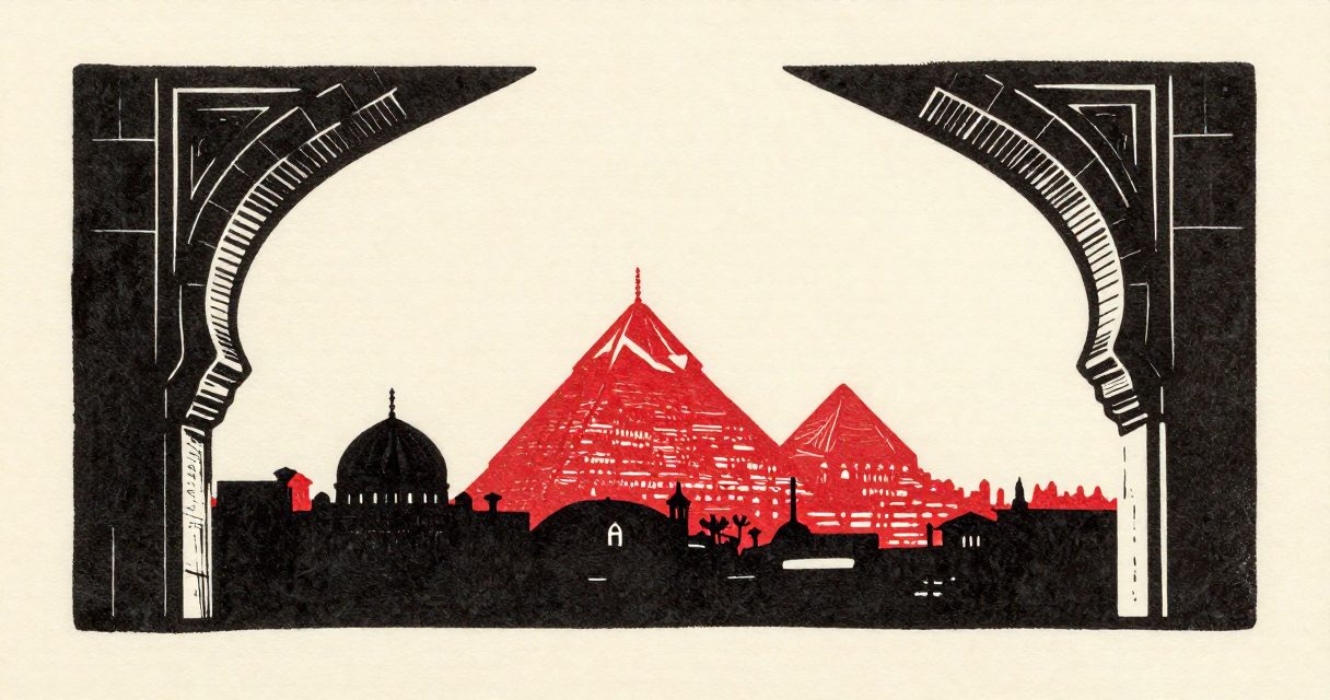Two interlocking stone arches framing a view of the Cairo skyline with silhouettes of domes and towers.