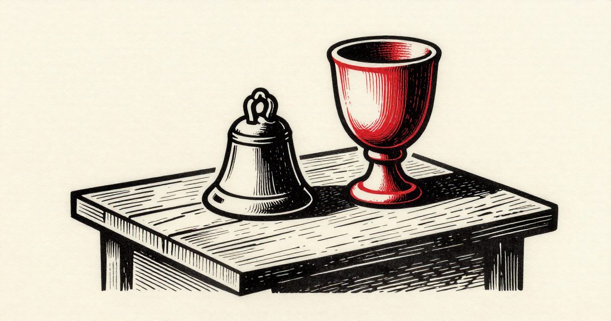 A small bell and a simple stone chalice resting on a wooden table in Ismailia.