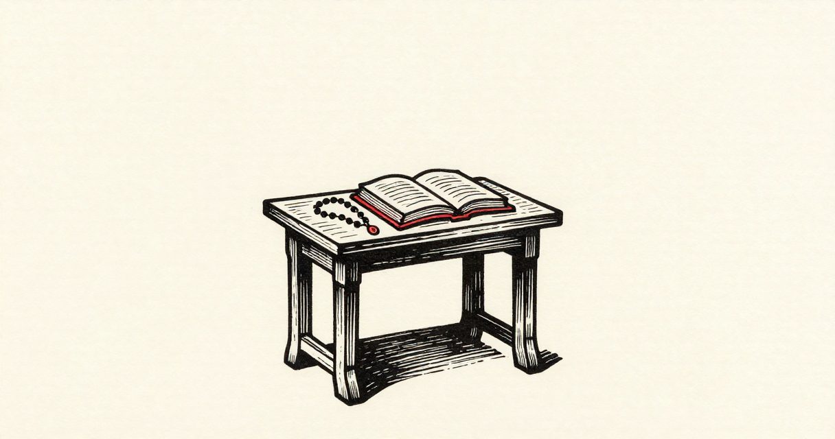 A small wooden table with a single rosary and an open book resting in a quiet church hall in Abu Qurqas.