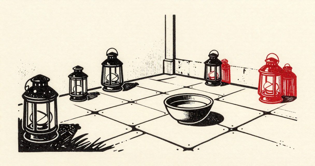 A collection of small lanterns and a single bowl of water on a plain stone courtyard floor.