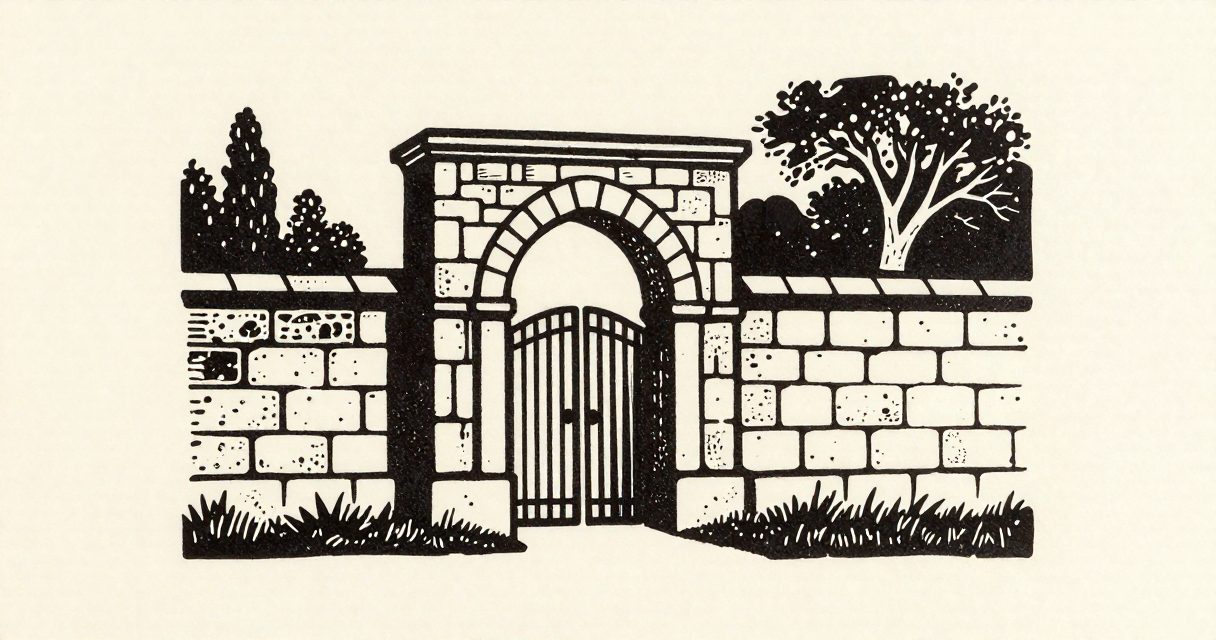 A stone archway and a garden gate standing before the walls of a monastery.
